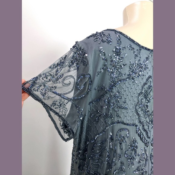 Pisarro Nights Plus Size 18W Embellished Mesh Gown In Steel Gray Blue - Picture 11 of 12